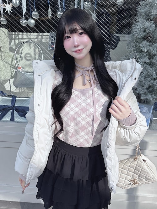 クロスチョーカーチェック柄長袖ニット