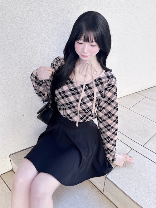 クロスチョーカーチェック柄長袖ニット