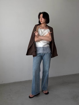 「CAPRICIEUX LE'MAGE（カプリシューレマージュ）の〈C.L〉ヴィンテージサテンレースキャミ（シャツ/ブラウス、ホワイト系）」を使った、harunaさん（レディース・165cm）の春コーディネート