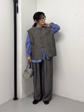 「かぐれ（カグレ）のリネンコットンワイドベスト（ベスト、グレー系）」を使った、西野きよさん（レディース・152cm）の秋コーディネート