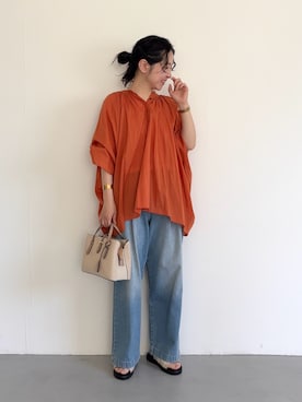 「かぐれ（カグレ）のフェードデニムイージーパンツ（デニムパンツ、ブルー系）」を使った、西野きよさん（レディース・152cm）の春コーディネート