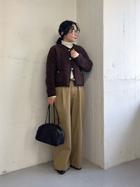 「かぐれ（カグレ）の『2サイズ展開』コットンワイドチノパンツ（チノパンツ、ベージュ系）」を使った、西野きよさん（レディース・152cm）の秋コーディネート
