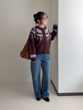 「URBAN RESEARCH Sonny Label（アーバンリサーチサニーレーベル）のノルディック柄編みニットカーディガン（カーディガン/ボレロ、ブラウン系）」を使った、西野きよさん（レディース・152cm）の秋コーディネート