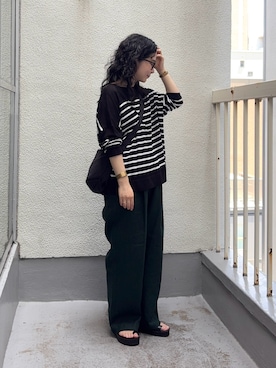 「かぐれ（カグレ）のシアーコットンボーダーボートネック（ニット/セーター、ブラック系）」を使った、西野きよさん（レディース・152cm）の夏コーディネート