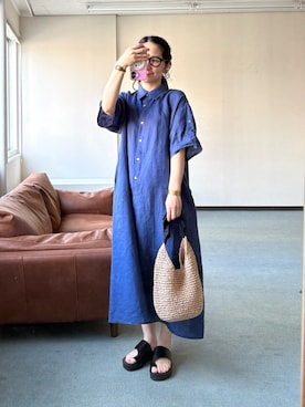 「URBAN RESEARCH DOORS（アーバンリサーチドアーズ）のリネン半袖シャツワンピース（ワンピース、ブルー系）」を使った、西野きよさん（レディース・152cm）の春コーディネート