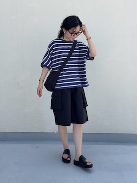 「URBAN RESEARCH DOORS（アーバンリサーチドアーズ）のブークレボーダープルオーバー（Tシャツ/カットソー、ブルー系）」を使った、西野きよさん（レディース・152cm）の夏コーディネート