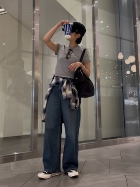 「russet（ラシット）のナイロンラフィアワンショルダーバッグ（ショルダーバッグ、ブラック系）」を使った、claraさん（レディース・164cm）の春コーディネート