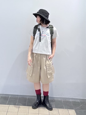 「MILKFED.（ミルクフェド）のMILKFED. BUCKET HAT（ハット、ブラック系）」を使った、ちさん（レディース・152cm）の春コーディネート