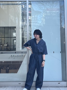 「かぐれ（カグレ）の綿麻デニムハーフスリーブオールインワン（つなぎ/オールインワン、ブルー系）」を使った、kotoneさん（レディース・165cm）の春コーディネート
