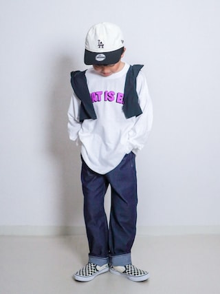 「PAIRMANON STREET（ペアマノンストリート）の【90-160cm】【綿100%】アソート ロゴ 長袖 Tシャツ【PAIRMANON STREET】（Tシャツ/カットソー）」を使った、ma-kunさん（キッズ・120cm）の秋コーディネート