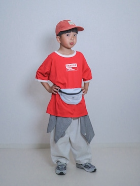 「BREEZE（ブリーズ）の【WEB限定】KUDOZ.B リンガーロゴ半袖Tシャツ（Tシャツ/カットソー、レッド系）」を使った、ma-kunさん（キッズ・120cm）の春コーディネート