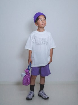 「NEW BALANCE（ニューバランス）のショートスリーブTシャツ（Tシャツ/カットソー、ホワイト系）」を使った、ma-kunさん（キッズ・120cm）の春コーディネート