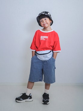 「BREEZE（ブリーズ）の【WEB限定】KUDOZ.B リンガーロゴ半袖Tシャツ（Tシャツ/カットソー、レッド系）」を使った、ma-kunさん（キッズ・120cm）の春コーディネート