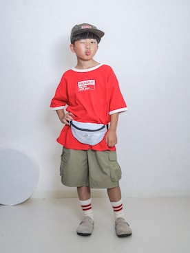 「BREEZE（ブリーズ）の【WEB限定】KUDOZ.B リンガーロゴ半袖Tシャツ（Tシャツ/カットソー、レッド系）」を使った、ma-kunさん（キッズ・120cm）の夏コーディネート