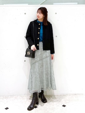 「レーススカート」｜「アイテム（ノーカラージャケット）」を使った、AYANOさん（レディース・162cm）の秋コーディネート