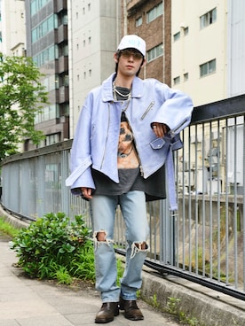 「アイテム（ライダースジャケット）」を使った、Keisuke Suzuki  さん（メンズ・177cm）の夏コーディネート