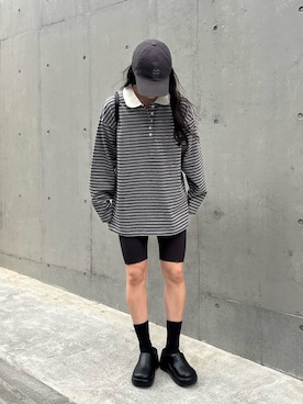 「COLONY 2139（コロニートゥーワンスリーナイン）のボーダーラガーシャツ（Tシャツ/カットソー、グレー系）」を使った、konomiさん（レディース・160cm）の春コーディネート