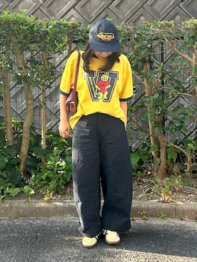 「Champion（チャンピオン）の【Champion】リンガーカレッジＴ（Tシャツ/カットソー、イエロー系）」を使った、妹子さん（レディース・150cm）の夏コーディネート