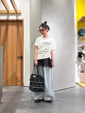 「CIAOPANIC TYPY（チャオパニックティピー）の【接触冷感】ロゴプリントTee（Tシャツ/カットソー、ホワイト系）」を使った、速見ちひろさん（レディース・163cm）の夏コーディネート