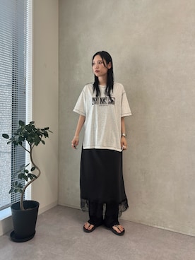 「CIAOPANIC TYPY（チャオパニックティピー）のZOZO限定シアースラブアニマルプリントTee（Tシャツ/カットソー、ホワイト系）」を使った、速見ちひろさん（レディース・163cm）の夏コーディネート