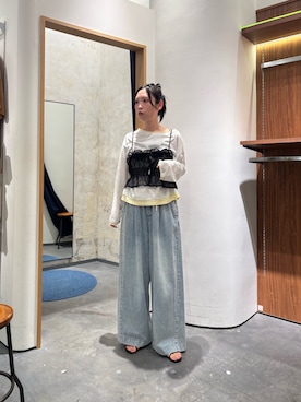 「CIAOPANIC TYPY（チャオパニックティピー）の【一枚で決まる】フェイクレイヤードシアースラブ刺繍オーバーTee（Tシャツ/カットソー、グレー系）」を使った、速見ちひろさん（レディース・163cm）の夏コーディネート