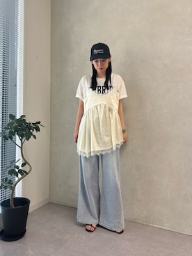 「CIAOPANIC TYPY（チャオパニックティピー）の【ZOZO限定】サテンレースランジェリードッキングTee（Tシャツ/カットソー、ホワイト系）」を使った、速見ちひろさん（レディース・163cm）の夏コーディネート