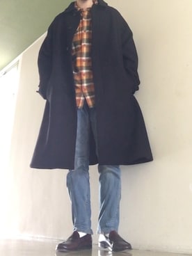 「ネルシャツ」｜「アイテム（ステンカラーコート）」を使った、ryoさん（メンズ・171cm）の冬コーディネート