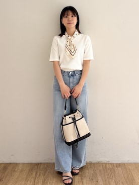 「OPAQUE.CLIP（オペークドットクリップ）のベーシックリブボートネックカットソー【洗濯機OK】（Tシャツ/カットソー、ホワイト系）」を使った、mirei さん（レディース・158cm）の春コーディネート