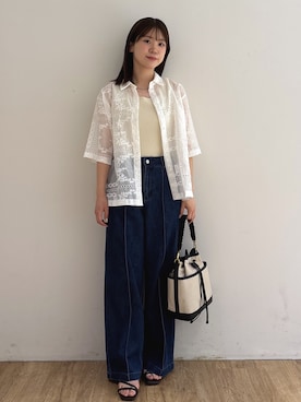 「OPAQUE.CLIP（オペークドットクリップ）の刺繍ハーフスリーブシャツ／セットアップ対応可【洗濯機OK】（シャツ/ブラウス、ホワイト系）」を使った、mirei さん（レディース・158cm）の春コーディネート