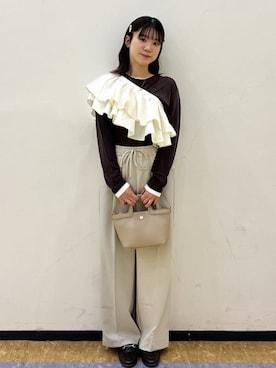 「OPAQUE.CLIP（オペークドットクリップ）の配色レイヤードロングスリーブTシャツ【洗える】（Tシャツ/カットソー、ブラウン系）」を使った、mirei さん（レディース・158cm）の春コーディネート