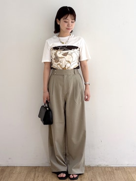 「OPAQUE.CLIP（オペークドットクリップ）のベーシックTシャツ／オーガニックコットン混【洗濯機OK】（Tシャツ/カットソー、ホワイト系）」を使った、mirei さん（レディース・158cm）の夏コーディネート
