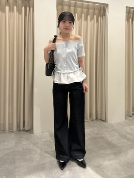 「FREE'S MART（フリーズマート）の◆布帛ドッキングサイドシャーリング半袖カットソー（T Shirts、ブルー系）」を使った、reeena053さん（レディース・153cm）の夏コーディネート