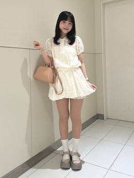「FREE'S MART（フリーズマート）の◆レースポロシャツ（シャツ/ブラウス、ホワイト系）」を使った、reeena053さん（レディース・153cm）の夏コーディネート