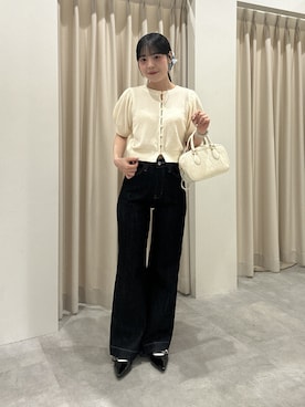 「FREE'S MART（フリーズマート）の◆パフスリーブニットカーディガン（Knitwear、ホワイト系）」を使った、reeena053さん（レディース・153cm）の夏コーディネート