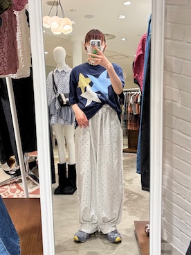 「CIAOPANIC（チャオパニック）のスターパッチワークTee（Tシャツ/カットソー、ブルー系）」を使った、つぐみさん（レディース・162cm）の夏コーディネート