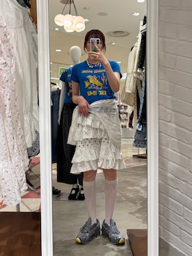 「CIAOPANIC（チャオパニック）のアソート柄コンパクトカラーTee（Tシャツ/カットソー、ブルー系）」を使った、つぐみさん（レディース・162cm）の夏コーディネート