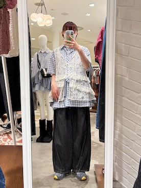 「CIAOPANIC（チャオパニック）の【長袖/半袖展開】ネクタイ付きティアードチュニックシャツワンピース（シャツ/ブラウス、ブルー系）」を使った、つぐみさん（レディース・162cm）の夏コーディネート
