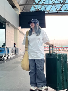 「MONO-MART（モノマート）の【retock's】ヴィンテージライクピグメント加工 ビッグシルエットポケット半袖Tシャツ（Tシャツ/カットソー、ホワイト系）」を使った、yuzuhi0322さん（レディース・151cm）の夏コーディネート