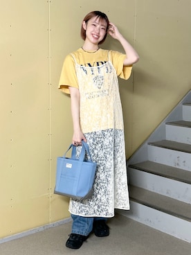 「GOOD ROCK SPEED（グッドロックスピード）の『別注』GOOD ROCK SPEED×DOOS　NYC NYPD T-SHIRTS（Tシャツ/カットソー、イエロー系）」を使った、ひなさん（レディース・161cm）の春コーディネート