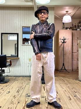 「アイテム（ライダースジャケット）」を使った、86yamaさん（メンズ・172cm）の春コーディネート