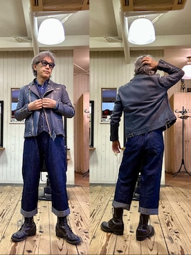 「アイテム（ライダースジャケット）」を使った、86yamaさん（メンズ・172cm）の冬コーディネート