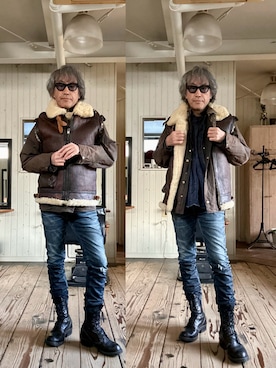 「アイテム（ライダースジャケット）」を使った、86yamaさん（メンズ・172cm）の冬コーディネート