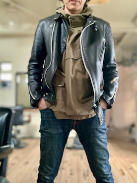「ADDICT CLOTHES（アディクトクローズ）のアイテム（Riders jacket、ブラック系）」を使った、86yamaさん（メンズ・172cm）の春コーディネート