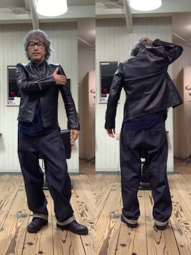 「アイテム（ライダースジャケット）」を使った、86yamaさん（メンズ・172cm）の秋コーディネート