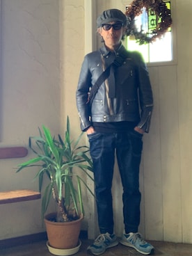 「アイテム（ライダースジャケット）」を使った、86yamaさん（メンズ・172cm）の冬コーディネート