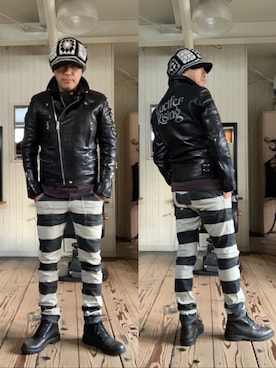 「アイテム（ライダースジャケット）」を使った、86yamaさん（メンズ・172cm）の冬コーディネート
