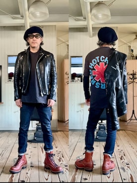 「アイテム（ライダースジャケット）」を使った、86yamaさん（メンズ・172cm）の秋コーディネート