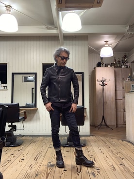 「アイテム（ライダースジャケット）」を使った、86yamaさん（メンズ・172cm）の秋コーディネート
