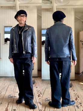 「アイテム（ライダースジャケット）」を使った、86yamaさん（メンズ・172cm）の秋コーディネート