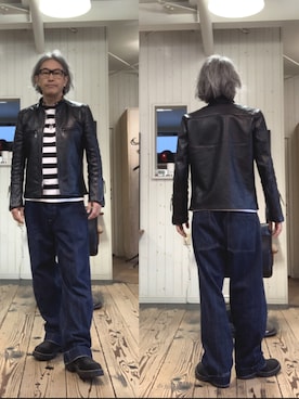 「アイテム（ライダースジャケット）」を使った、86yamaさん（メンズ・172cm）の秋コーディネート